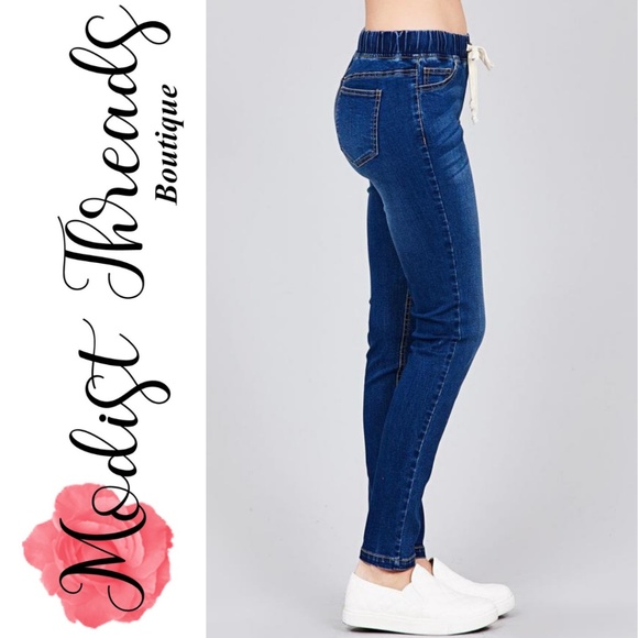 Drawstring Waist Dark Blue Denim Skinny Pants - Picture 3 of 4